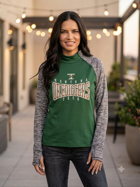 Holloway Tops - HOLLOWAY Montana Tech Orediggers Pullover Green Raglan Side Zip/ Pocket LARGE
